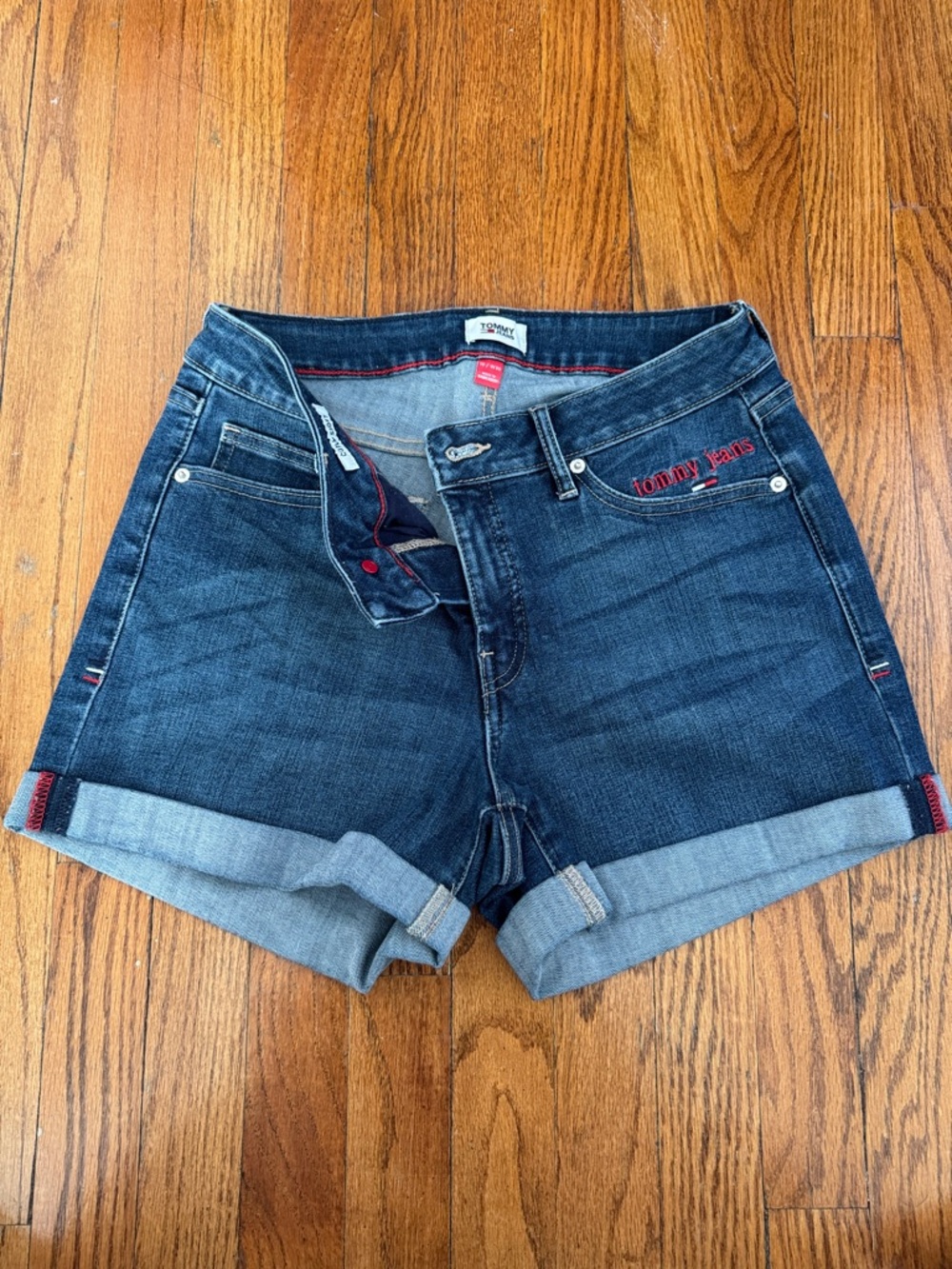 Tommy Hilfiger 
Dark Blue Denim Rolled Hem Shorts with Red Trim